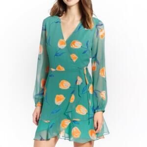 All In Favor Green Floral Wrap Long Sleeve Dress Size Medium